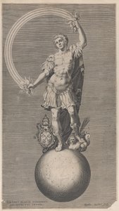 Papalık arması ile bir küre üzerinde duran bir savaşçının alegorik figürü..., ca. 1588-1629.