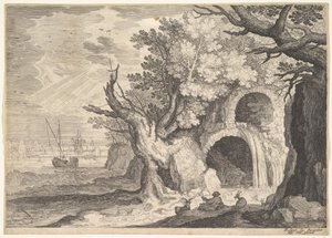 Aşağıdaki bir dereye dökülen su ile harap su kemeri, denizde gemiler, bir ..., ca. 1600.