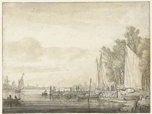 Nehirde bir iskelede tekneler by Aelbert Cuyp