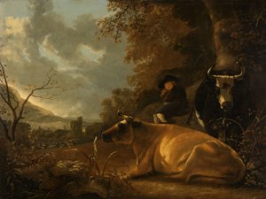 İnekler ve Genç Bir Çoban ile Manzara by Aelbert Cuyp