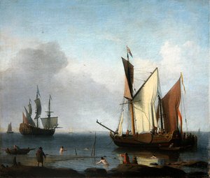 Bir deniz resmi: Sahilde demirlemiş Hollanda tebeşirleri (tuval üzerine yağlı boya) by Aernout Smit