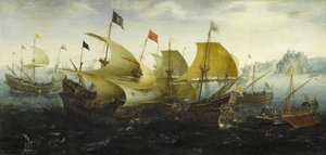 Cadiz Savaşı Hollandalı ve İngiliz Gemileri İspanyol Armadasına Saldırdı, 1608 by Aert Anthonisz