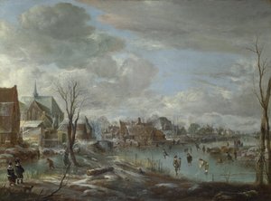Golfçüler ve Patenciler ile bir Köyün yakınında Donmuş Bir Nehir, c. 1647-1648 by Aert van der Neer