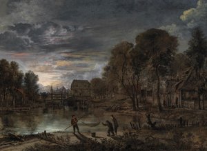 Balıkçılarla dolu bir gece manzarası. by Aert van der Neer
