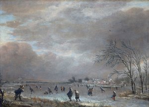 Donmuş bir nehir üzerinde patenciler ile kış manzarası by Aert van der Neer