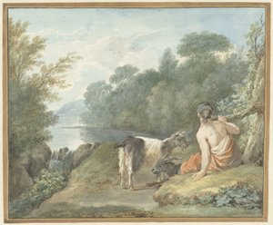 Bir göl ile bir manzara içinde keçi ile çoban by Aert Schouman