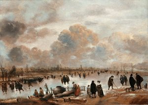 Donmuş Bir Su Yolunda Patenciler ve Kasabalılarla Bir Kış Manzarası by Aert van der Neer