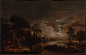 Yeni Amstel Nehri ve Kostverloren Kalesi Manzaralı Ay Işığı Manzarası by Aert van der Neer