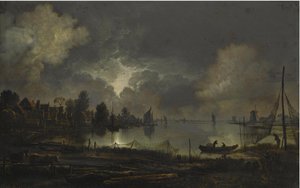Göl kenarındaki bir kasabanın ay ışığında görünümü, kurumaya bırakılmış ağlar by Aert van der Neer