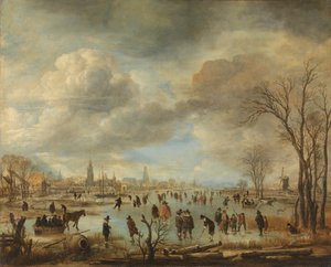 Kolf Oyuncuları ve Atlı Kızakların Olduğu Bir Kasabanın Yakınındaki Kış Manzarası by Aert van der Neer