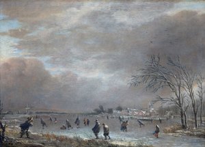 Donmuş Nehirde Patencilerle Kış Manzarası (panelde yağ) by Aert van der Neer