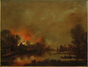 Bir köyde yangın olan gece kanalı manzarası by Aert van der Neer der Ältere