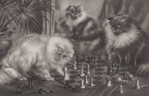 Satranç taşlarıyla oynayan kedi grubu by Agnes Augusta Talboys