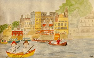 Yolculuk, Varanasi, 2015, kağıt üzerine suluboya by Agnes Girardon