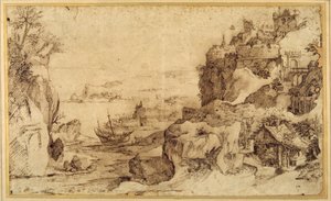 Müstahkem bir limanın aşağı doğru görünümü (kağıt üzerinde kalem ve kahverengi mürekkep) by Agostino (attr. to) Carracci