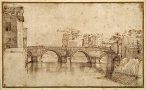 Isola Tiberina, Roma (kağıt üzerine kalem ve kahverengi mürekkep) by Agostino (attr. to) Carracci
