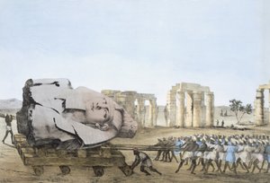 Genç Memnon'un kafasının çıkarıldığı mod, Mısır ve Nubia'daki Araştırmaları gösteren Plakalardan, Giovannie Battista Belzoni, Pub. 1822 (renkli litografi)