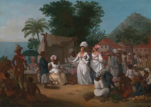 Batı Hint Adaları'nda Keten Tezgahı ve Sebze Satıcısı Olan Bir Keten Pazarı by Agostino Brunias