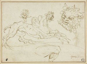 Dört Eskiz: Griffin, Grotesk Kafa, Satyr Başkanı, Bükülmüş Bacak by Agostino Carracci