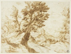 Uzakta Kasabalı Tepelik Manzara by Agostino Carracci