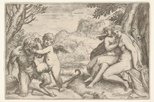 Aşk Her Şeyi Fetheder Omnia vincit Amor, bir satir Amor ile mücadelesinde sağ kn..., 1599.