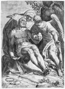 Pieta, Bakire tarafından desteklenen İsa ve sağda bir melek, 1582. by Agostino Carracci