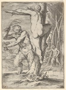 Arkadan gösterilen ve bir ağaca bağlı bir periyi kırbaçlayan Satyr, ikinci bir saty..., ca. 1590-95.