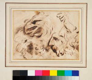 Bir Kartal Başkanı ve Erkek Profilleri ve Karikatürleri ile Çalışma Sayfası (kalem ve kahverengi mürekkep ve biraz kahverengi yıkama) by Agostino Carracci
