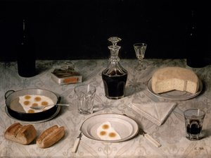 Yumurta, Ekmek, Peynir ve Şarap ile Natürmort (tuval üzerine yağlı boya) by Agostino Jose da Mota