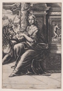 Chastity, oturan bir kadın, sağında bir tek boynuzlu at, c. 1515-30. by Agostino Veneziano