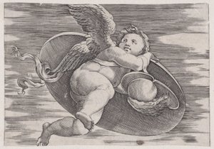 Eros Adamın Kalkanını Çalıyor, yakl. 1514-36. by Agostino Veneziano