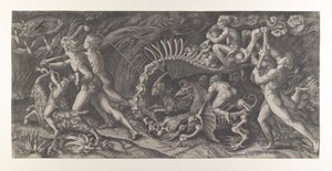 Lo Stregozzo: Bir hayvan iskeletine binen bir dişi cadı, önünde iki erkek ve ..., yaklaşık. 1515-25.