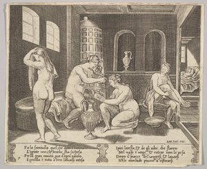 Levha 7: Periler tarafından banyosuna katılan Psyche, arka planda sağ Psyche repr..., ca. 1520-36.