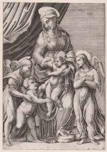Bakire, Bebek İsa, Bebek Aziz John ve İki Melek, 1516 tarihli. by Agostino Veneziano