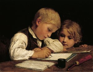 Kız kardeşiyle birlikte yazan çocuk, 1875