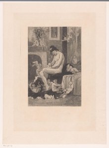 Çıplak kadın bir yatağın kenarında oyun oynayan iblislerle çevrili La sadece aux Satyrions by Albert Bertrand (attributed to)