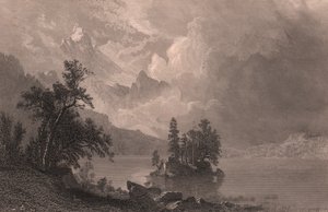 Esther Gölü manzarası, Sierra Nevada, Kaliforniya, Amerika Birleşik Devletleri, Robert Hinshelwood'un (1812-1875'ten sonra) Albert Bierstadt (1830-1902) tarafından çizilen çelik gravürü, yaklaşık 19x14 cm by Albert Bierstadt