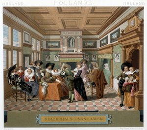 Kostümlerde ve 18. yüzyıldan kalma bir iç mekanda Hollandalı. Racinet tarafından "" Le kostüm tarihi" "de illüstrasyon by Albert Charles August Racinet