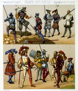16. yüzyılda Fransız askeri kostümleri. Kromolitografik plaka - Racinet tarafından “” Le kostüm tarihi”nde by Albert Charles August Racinet