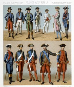 18. yüzyılda Fransız askeri kostümleri. Racinet tarafından "" Le kostüm tarihi" "de illüstrasyon by Albert Charles August Racinet