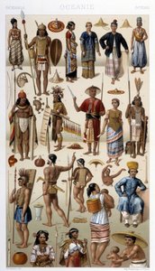 Malezya ve Polinezya (Okyanusya) Halkı. Racinet tarafından "" Le kostüm tarihi" "de illüstrasyon by Albert Charles August Racinet