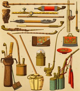 Sigara içenler tarafından kullanılan pipo ve nesneler, Schmidt tarafından The Complete Costume History, birinci cilt, Auguste Racinet (1825-1893), Paris by Albert Charles August Racinet