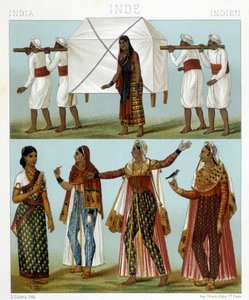 Ulaşım ve geleneksel kadınsı kostümler. Racinet tarafından "" Le kostüm tarihi" "de illüstrasyon by Albert Charles August Racinet