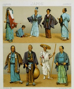 Kimono dahil çeşitli geleneksel Japon erkek kostümleri. Kromolitografik plaka - Racinet tarafından “” Le kostüm tarihi”nde by Albert Charles August Racinet