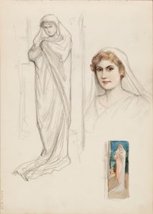 Alcestis rolünde Aino Ackté, yüz eskizi ve iki tam vücut eskizi by Albert Edelfelt