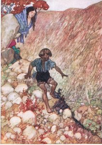 Humphrey Milford Oxford University Press'in The Water Babies pub'ından, olduğu gibi, cesur küçük adam gibi aşağı indi, yaklaşık 1930 (renkli lito) by Albert Edward Jackson