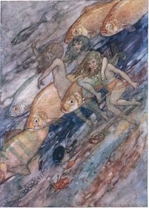 Denize doğru, denize doğru, The Water Babies pub'dan. Humphrey Milford Oxford University Press tarafından, 1930 dolayları (renkli lito)