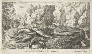 Bir nehir kıyısında gobies Gabius siue fundulus. Le Goujon. (nesne üzerindeki başlık) Balık ve diğer deniz canlıları - tatlı su ikinci serisi (dizi başlığı) İkinci parti de Poissons d