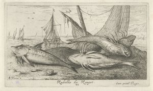 Sahilde dört barbunya Rubellio Le Rouget. (nesne üzerindeki başlık) Balık ve diğer deniz canlıları - tuzlu su ikinci serisi (dizi başlığı) Poissons de mer (dizi adı) by Albert Flamen