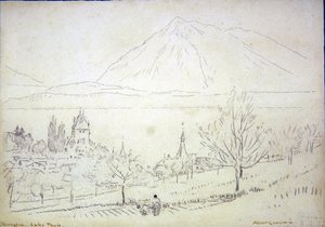 Thun Gölü, Oberhofen (kağıt üzerinde mürekkep ve kurşun kalem) by Albert Goodwin